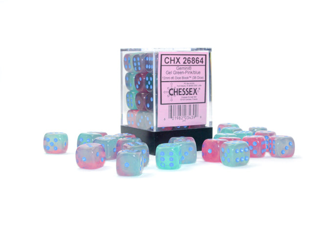 Chessex: Dice 12mm 36 Dice Gemini Gel Green-Pink/ Blue