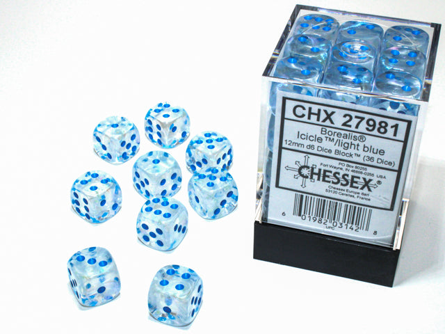 Chessex: Dice 12mm 36 Dice Borealis Icicle / Light Blue