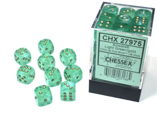 Chessex D6 12mm (36ct) Borealis Light Green-Gold