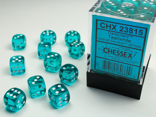 Chessex: Dice 12mm 36 Dice Translucent Teal/ White