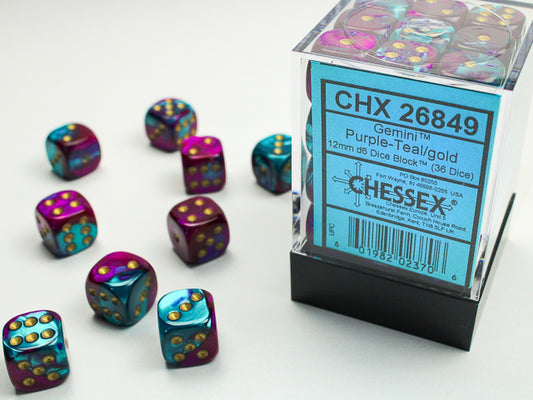 Chessex: Dice 12mm 36 Dice Gimini Purple-Teal/ Gold