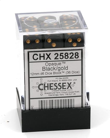 Chessex: Dice 12mm 36 Dice Opaque Black/ Gold