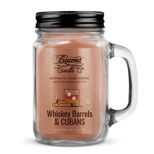 Beamer Candle 12oz Mason Jar Whiskey Barrels & Cuban